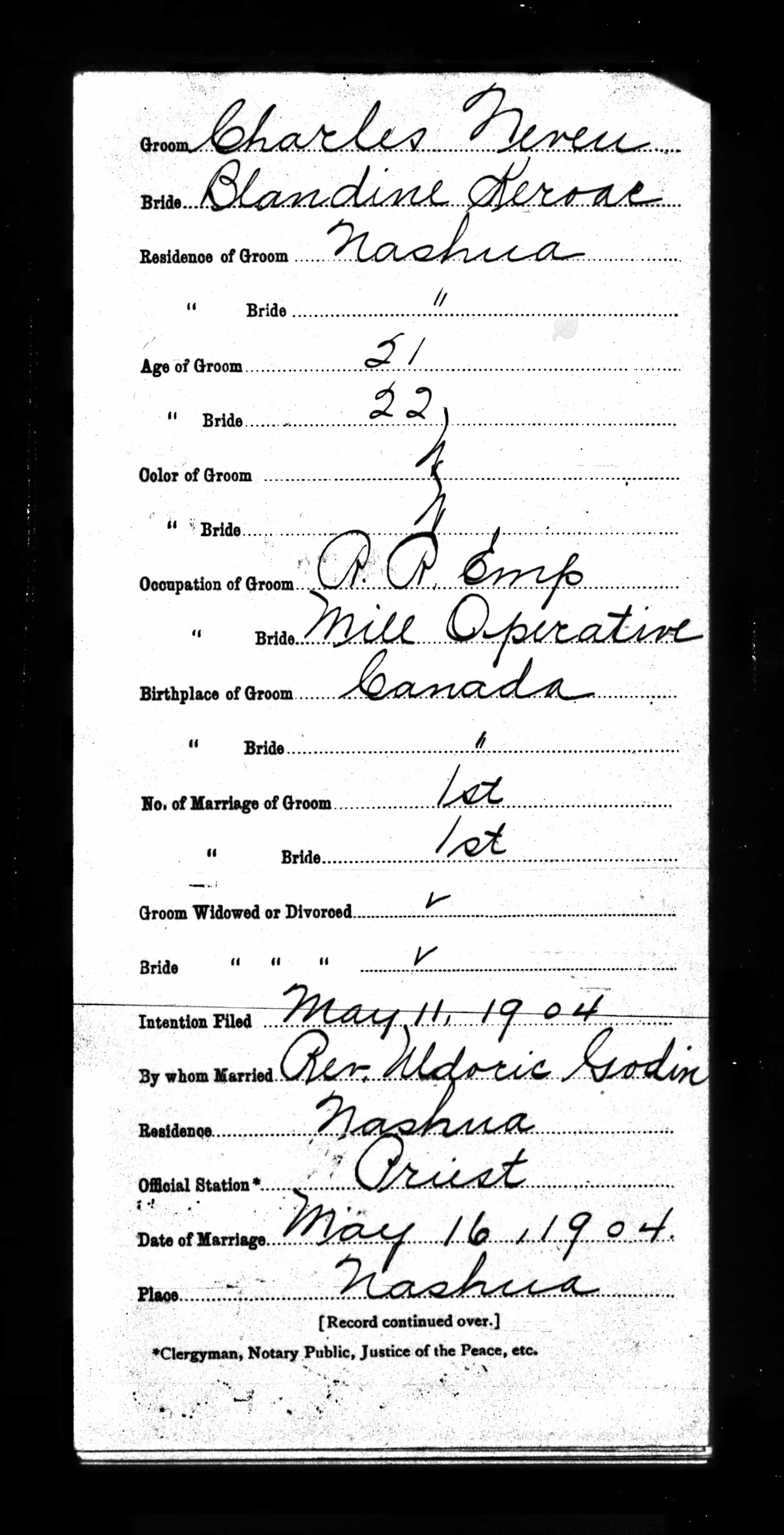 Enregistrement du mariage, recto