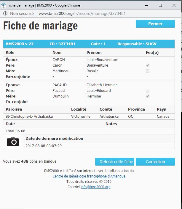 Fiche de mariage de la base de données BMS2000