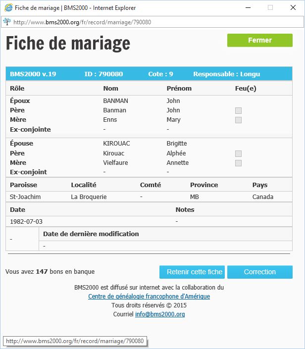 Fiche de mariage de la base de données BMS2000