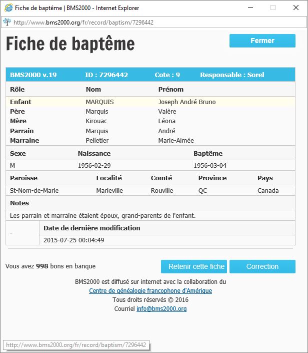 Fiche de baptême de la base de données BMS2000