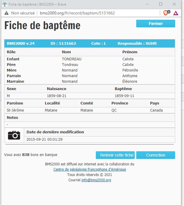 Fiche de baptême de la base de données BMS2000