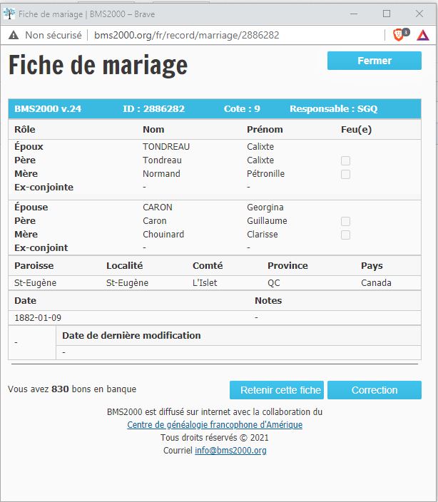 Fiche de mariage de la base de données BMS2000 Fiche de mariage de la base de données BMS2000