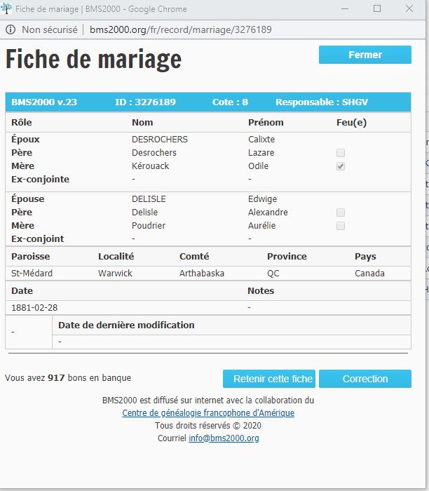 Fiche de mariage de la base de données BMS2000