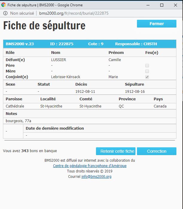 Fiche de sépulture de la base de données BMS2000