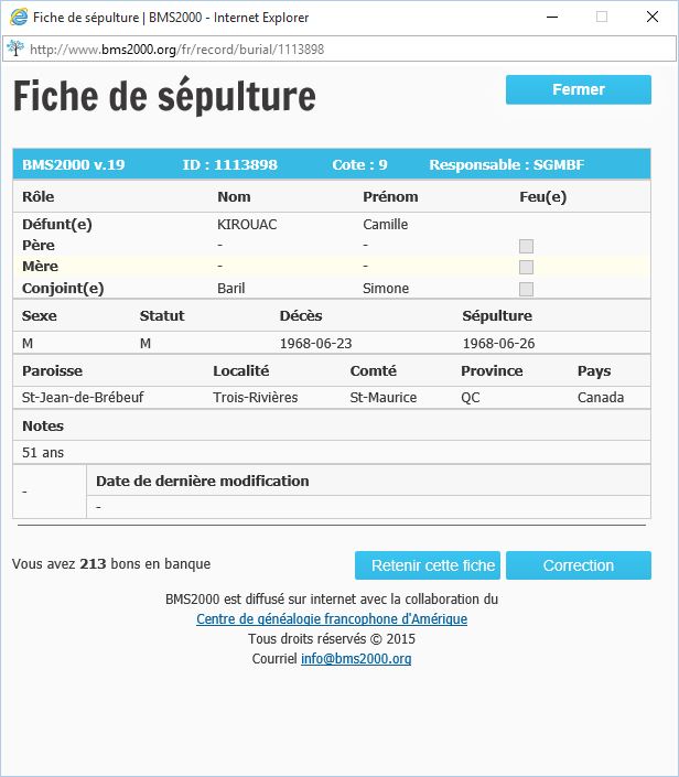 Fiche de sépulture de la base de données BMS2000