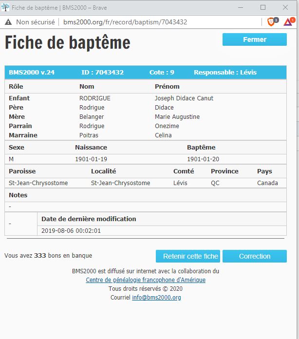 Fiche de baptême de la base de données BMS2000