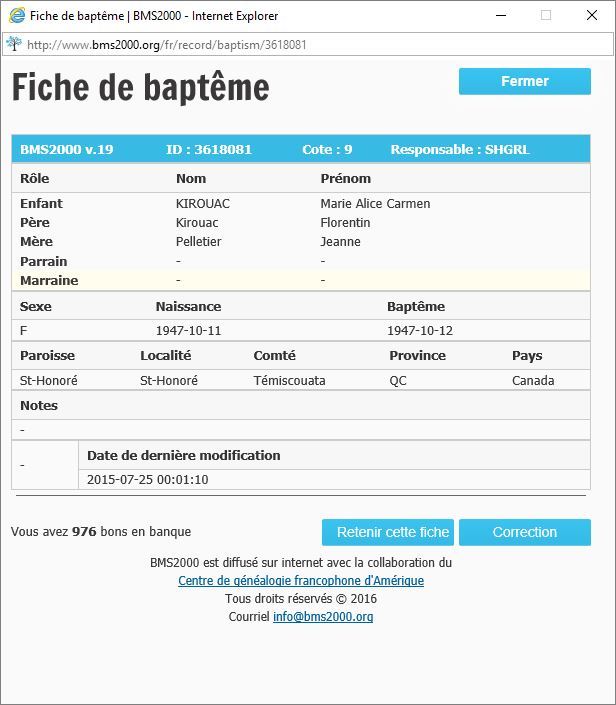 Fiche de baptême de la base de données BMS2000