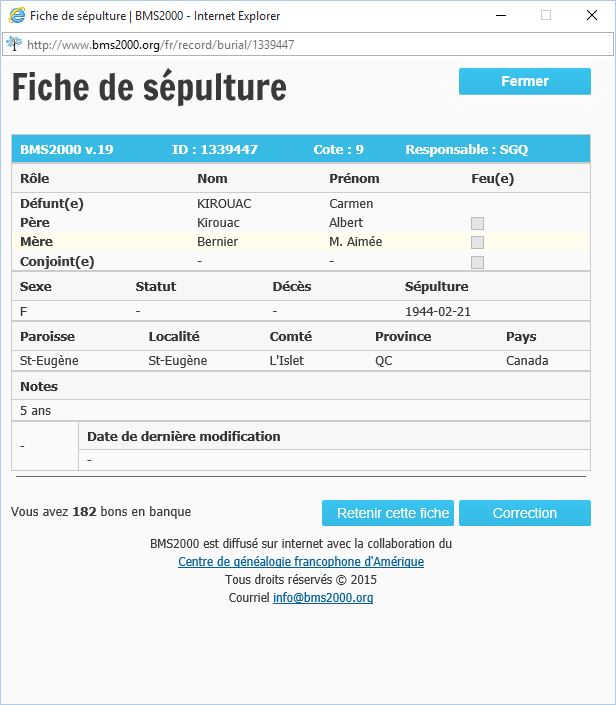 Fiche de sépulture de la base de données BMS2000