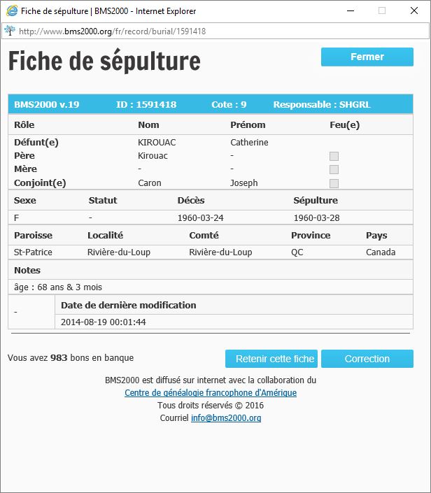 Fiche de sépulture de la base de données BMS2000
