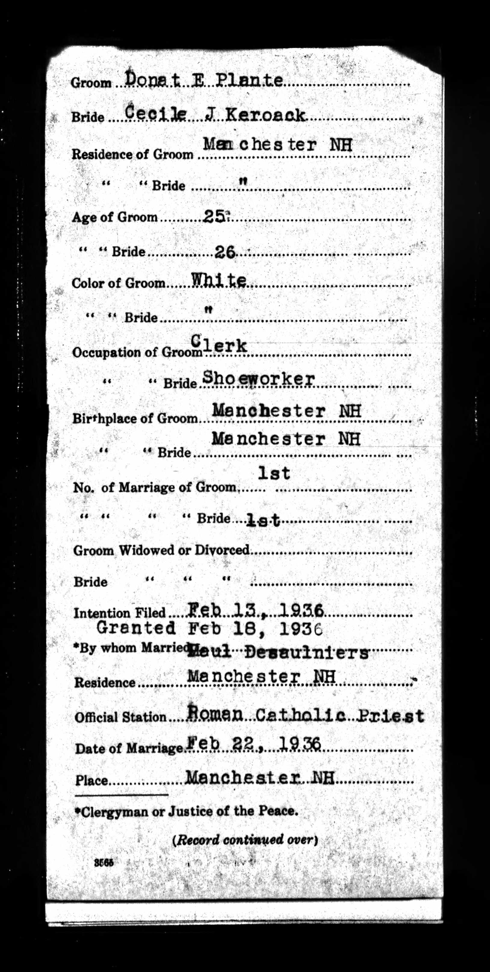 Enregistrement du mariage, recto