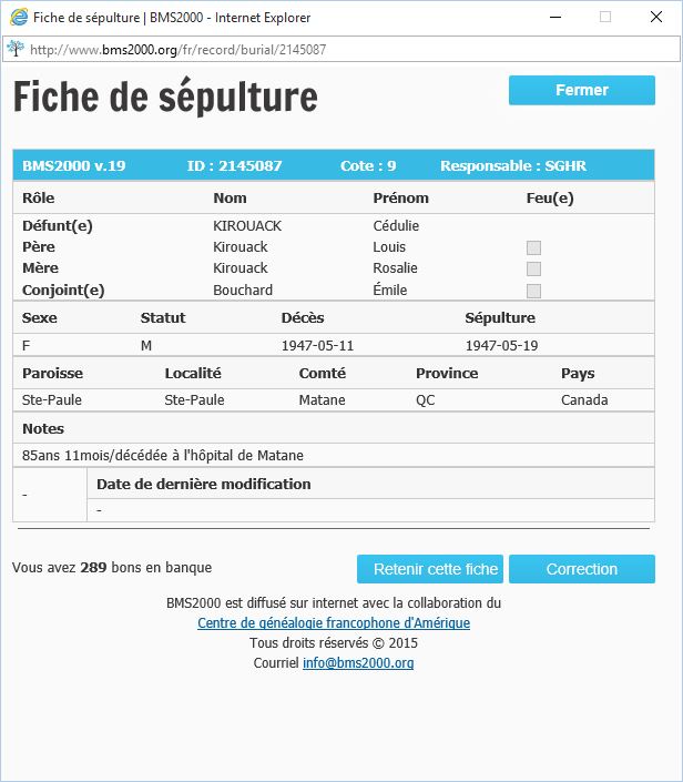 Fiche de sépulture de la base de données BMS2000