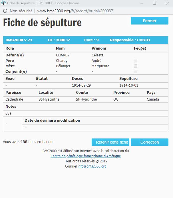 Fiche de sépulture de la base de données BMS2000