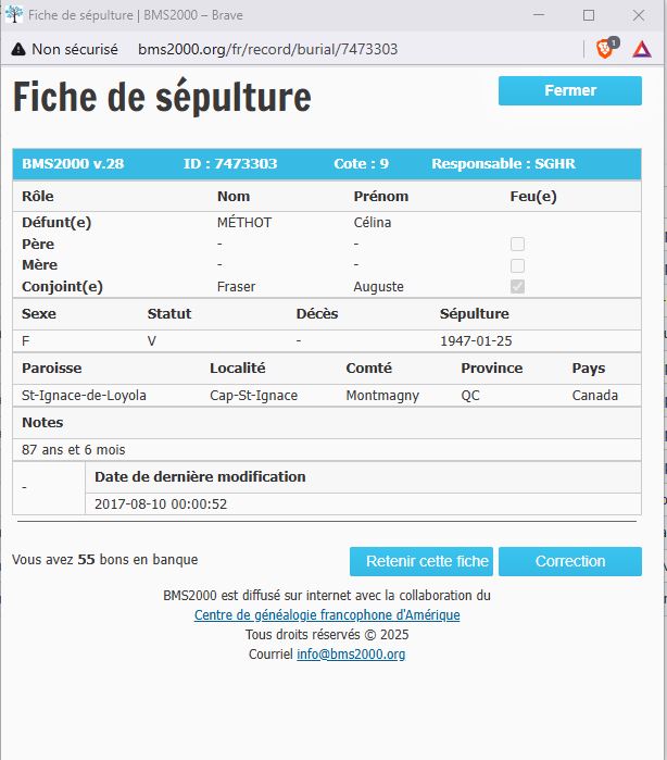 Fiche de sépulture de la base de données BMS2000
