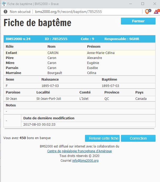 Fiche de baptême de la base de données BMS2000
