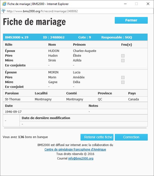 Fiche de mariage de la base de données BMS2000