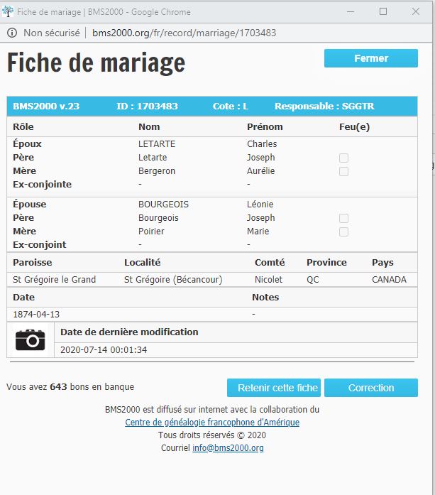 Fiche de mariage de la base de données BMS2000