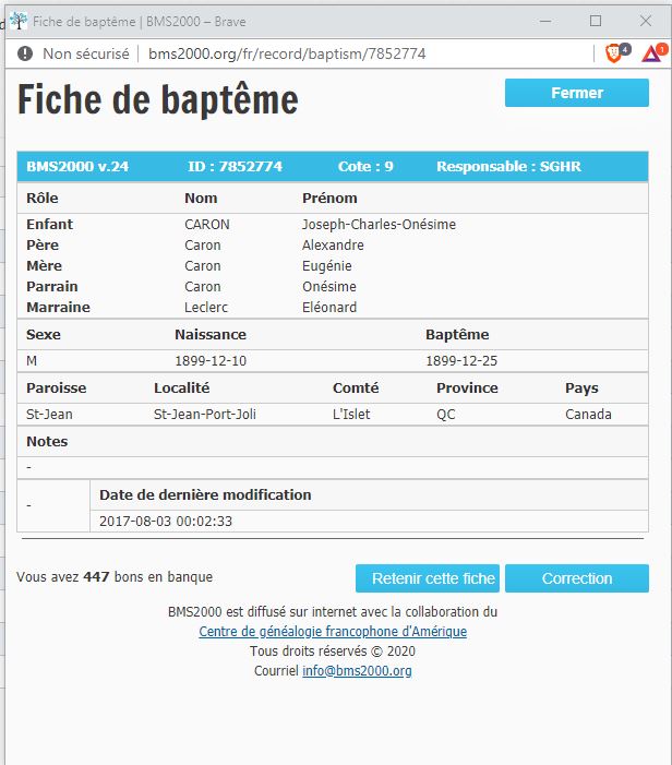 Fiche de baptême de la base de données BMS2000