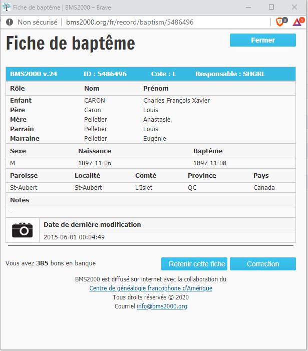 Fiche de baptême de la base de données BMS2000