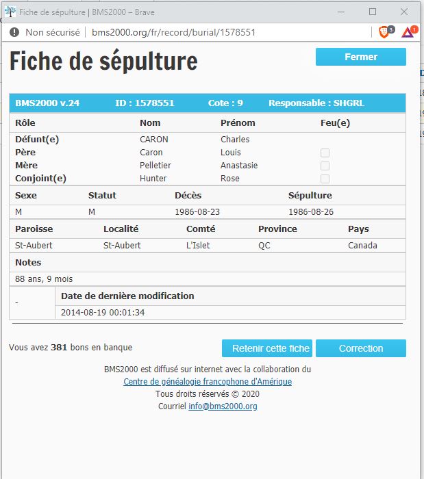 Fiche de sépulture de la base de données BMS2000