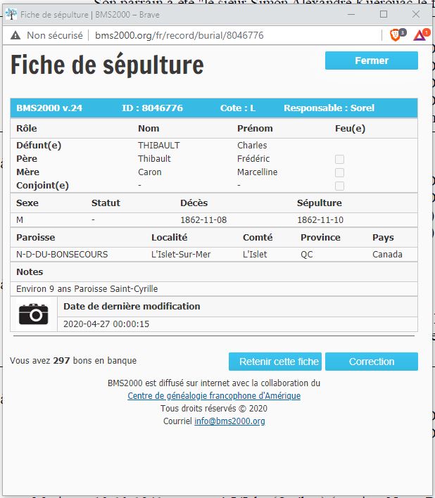 Fiche de sépulture de la base de données BMS2000