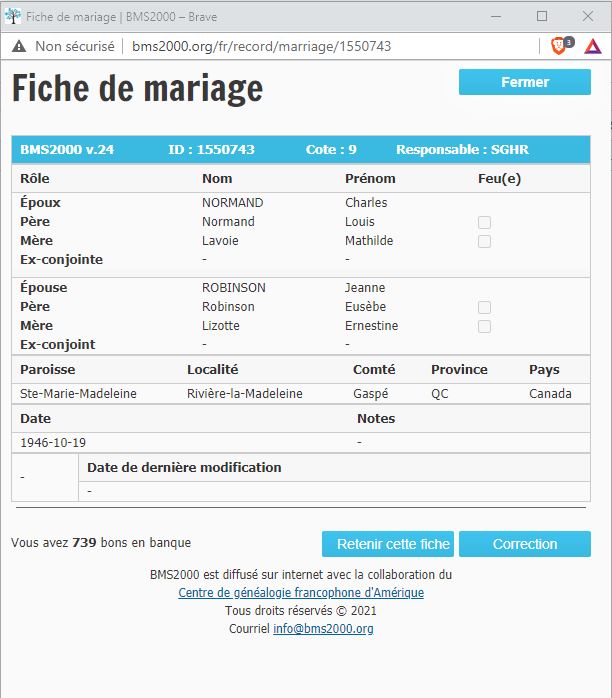 Fiche de mariage de la base de données BMS2000