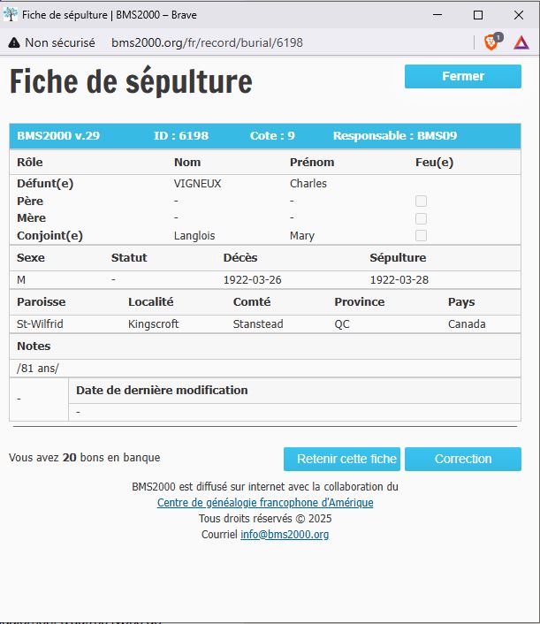 Fiche de sépulture de la base de données BMS2000 Fiche de sépulture de la base de données BMS2000
