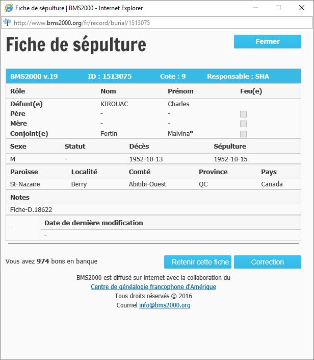 Fiche de sépulture de la base de données BMS2000