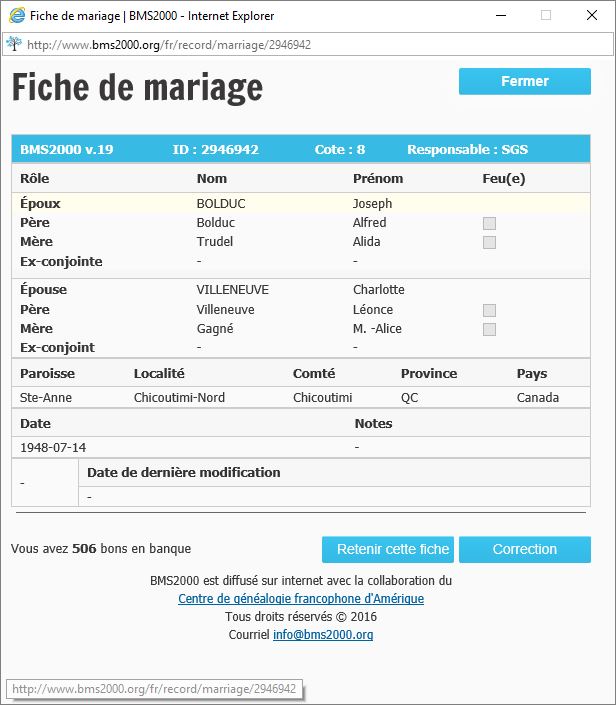 Fiche de mariage de la base de données BMS2000