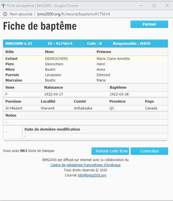 Fiche de baptême de la base de données BMS2000