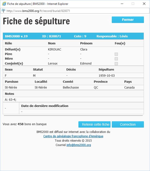 Fiche de sépulture de la base de données BMS2000