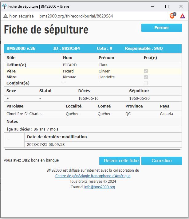 Fiche de sépulture de la base de données BMS2000