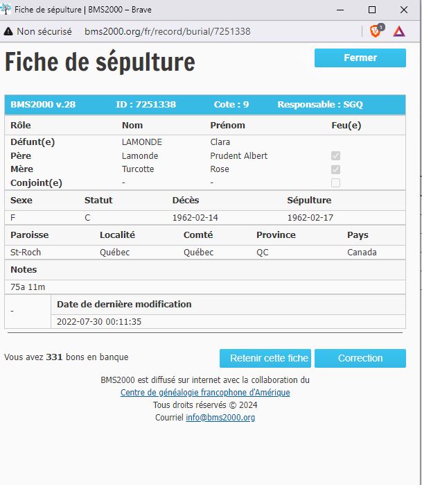 Fiche de sépulture de la base de données BMS2000
