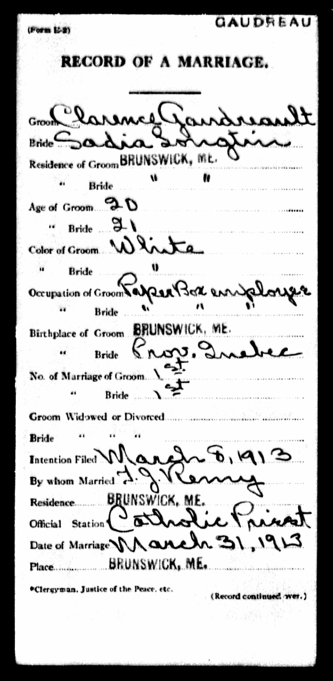 Enregistrement du mariage, recto