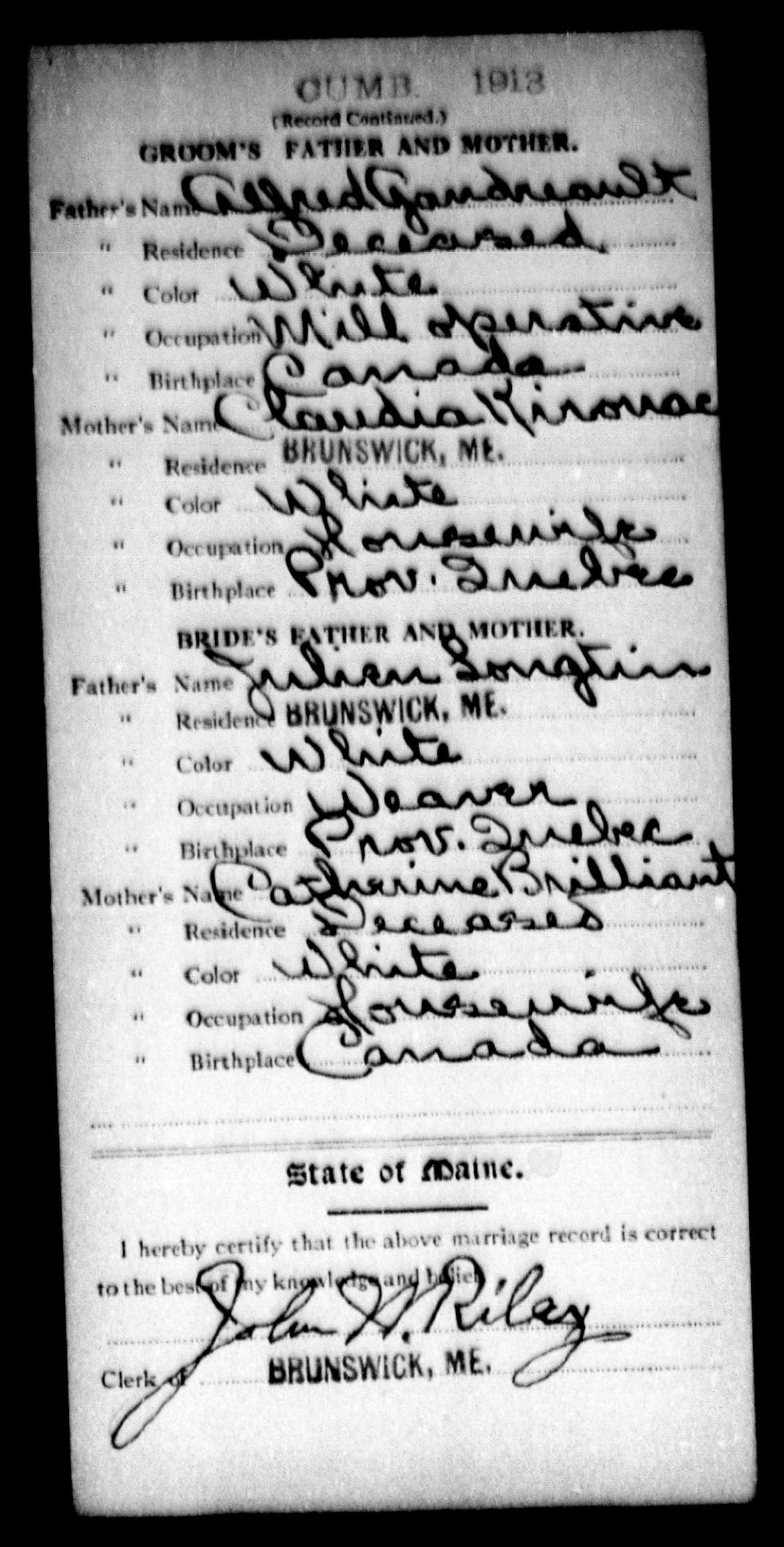 Enregistrement du mariage, verso