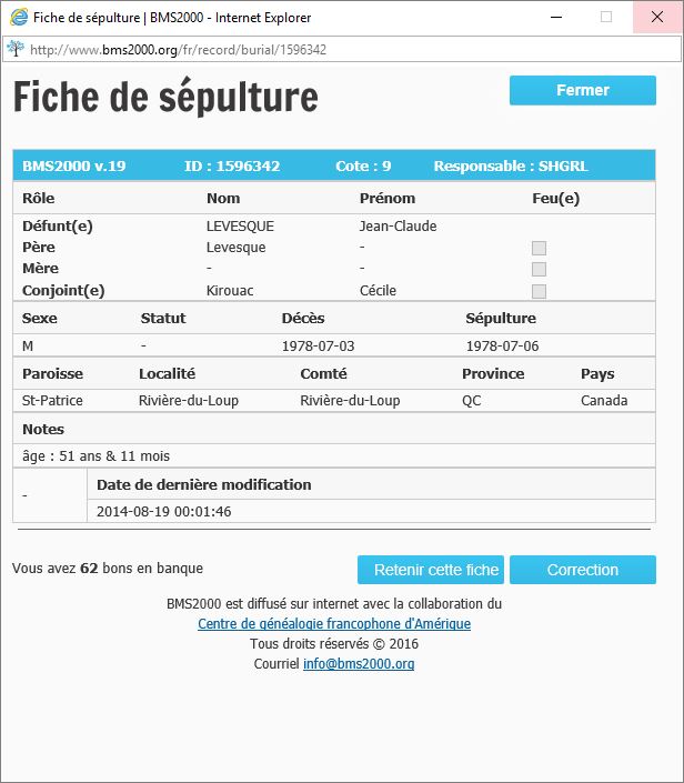 Fiche de sépulture de la base de données BMS2000