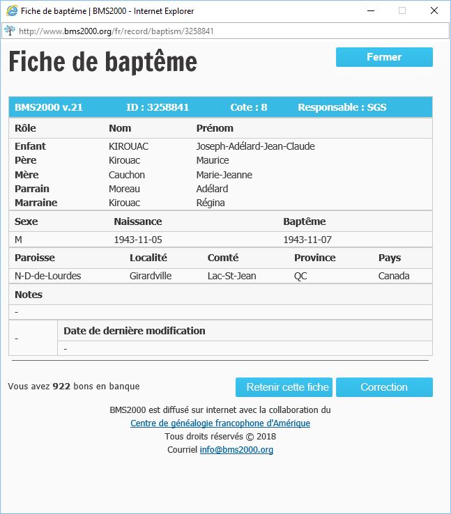 Fiche de baptême de la base de données BMS2000