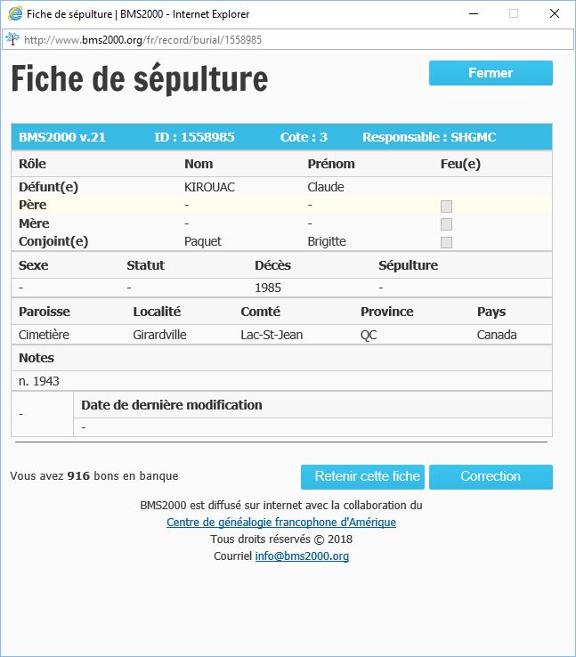 Fiche de sépulture de la base de données BMS2000