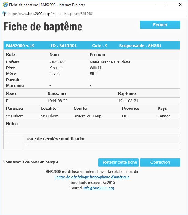 Fiche de baptême de la base de données BMS2000
