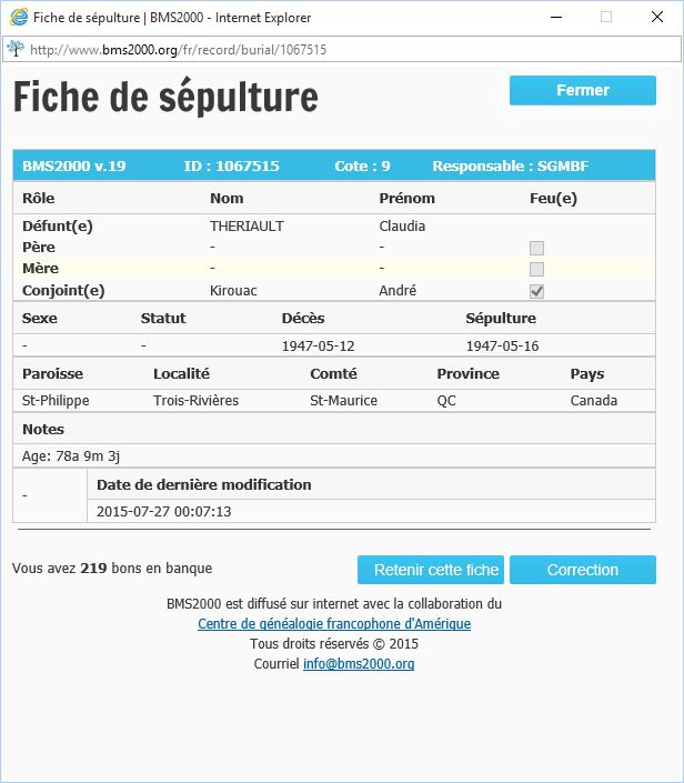 Fiche de sépulture de la base de données BMS2000