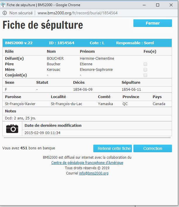 Fiche de sépulture de la base de données BMS2000