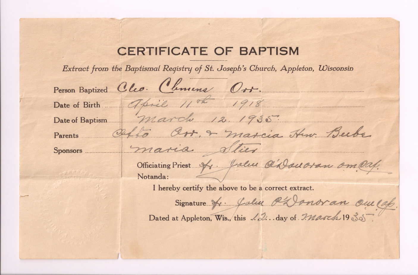 Certificat de baptême