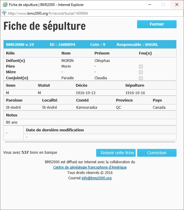 Fiche de sépulture de la base de données BMS2000