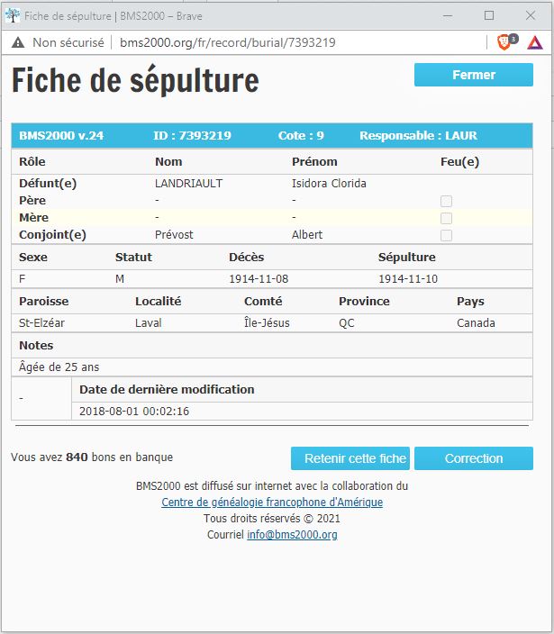 Fiche de sépulture de la base de données BMS2000