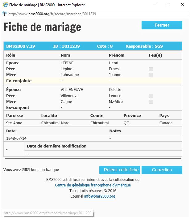 Fiche de mariage de la base de données BMS2000