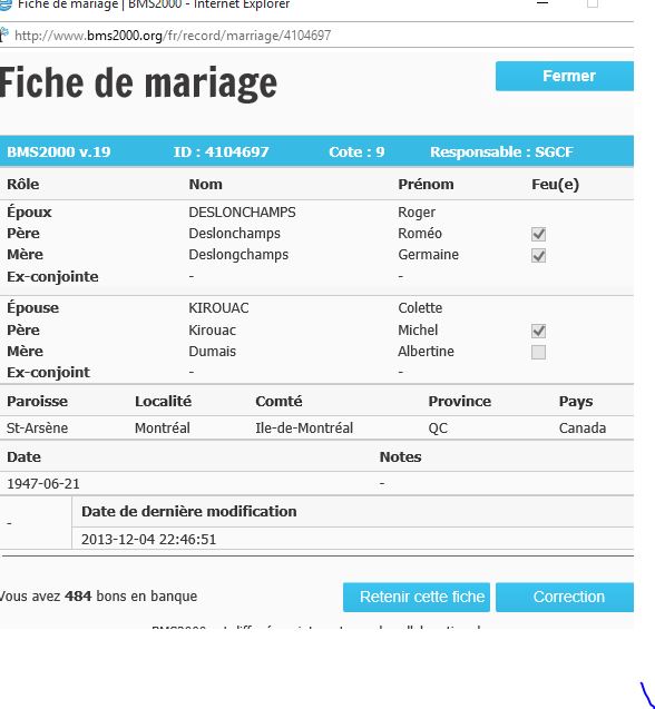 Fiche de mariage de la base de données BMS2000