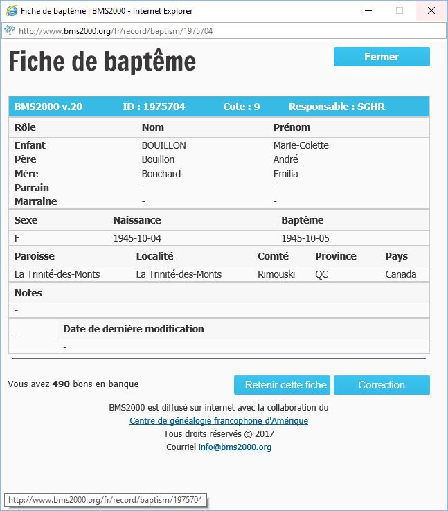 Fiche de baptême de la base de données BMS2000