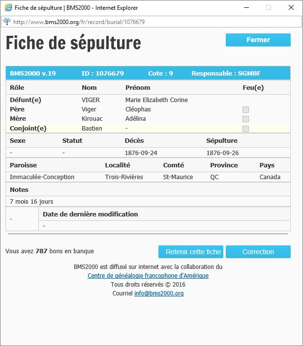 Fiche de sépulture de la base de données BMS2000
