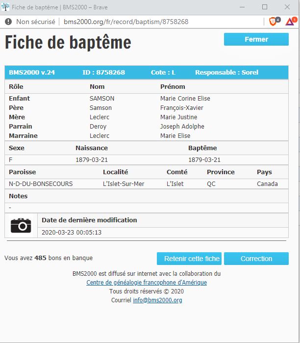 Fiche de baptême de la base de données BMS2000
