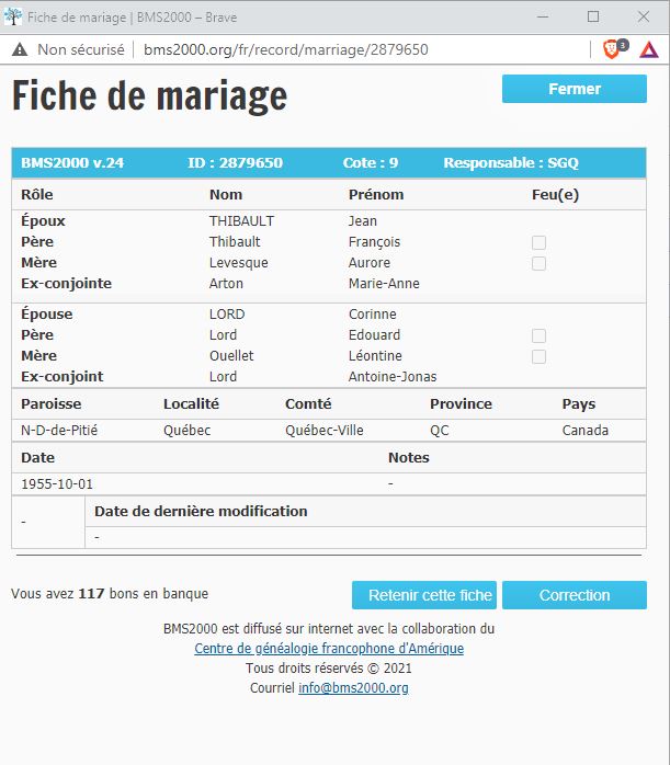 Fiche de mariage en secondes noces de la base de données BMS2000
