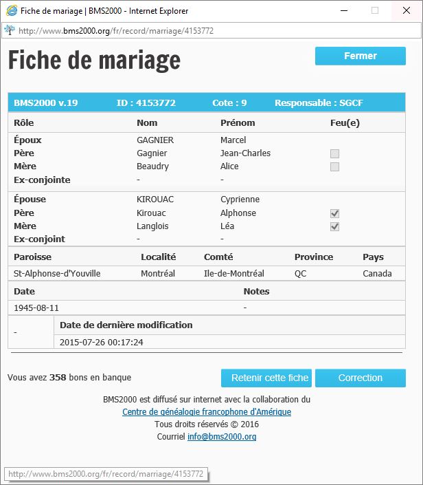 Fiche de mariage de la base de données BMS2000